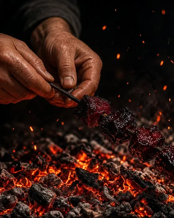 Imagem ilustrativa: mãos de cozinheiro colocando um espeto sobre a brasa